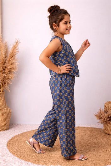 Girls Blue Cotton Top And Pant Set