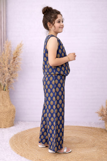 Girls Blue Cotton Top And Pant Set