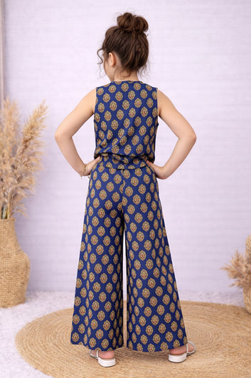 Girls Blue Cotton Top And Pant Set