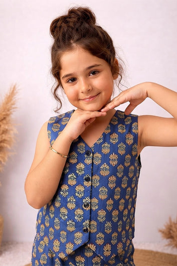 Girls Blue Cotton Top And Pant Set