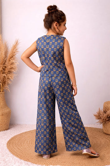 Girls Blue Cotton Top And Pant Set