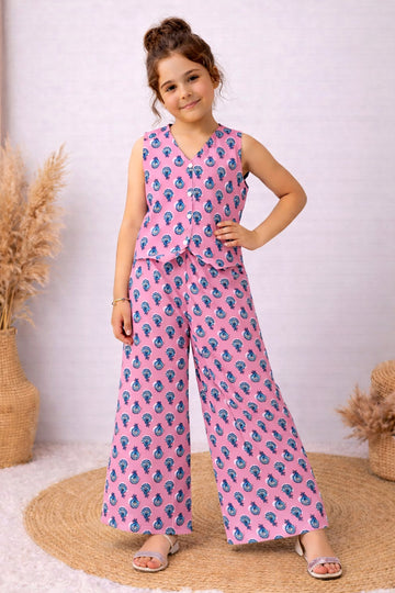 Girls Pink Cotton Top And Pant Set