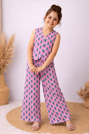 Girls Pink Cotton Top And Pant Set