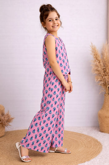 Girls Pink Cotton Top And Pant Set