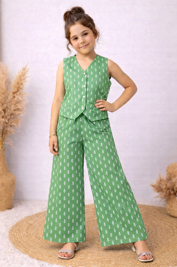 Girls Pista Cotton Top And Pant Set