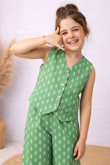 Girls Pista Cotton Top And Pant Set
