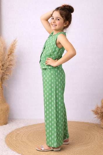 Girls Pista Cotton Top And Pant Set