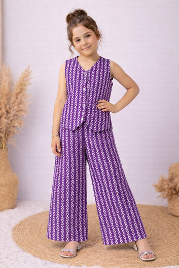 Girls Purple Cotton Top And Pant Set