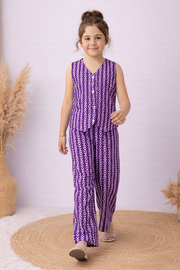 Girls Purple Cotton Top And Pant Set
