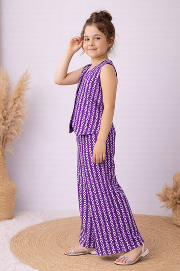 Girls Purple Cotton Top And Pant Set