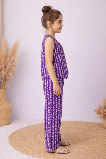 Girls Purple Cotton Top And Pant Set