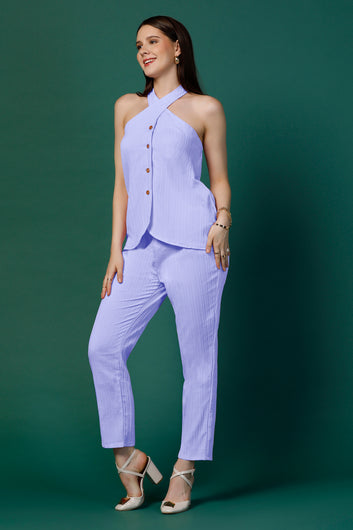 Womens Lavender Cotton Blend Solid Co-ords Halter Neck Top With Trouser Set