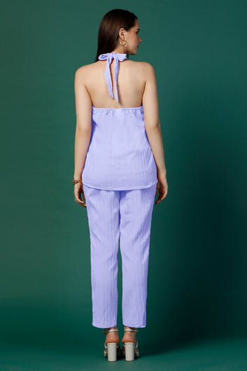 Womens Lavender Cotton Blend Solid Co-ords Halter Neck Top With Trouser Set