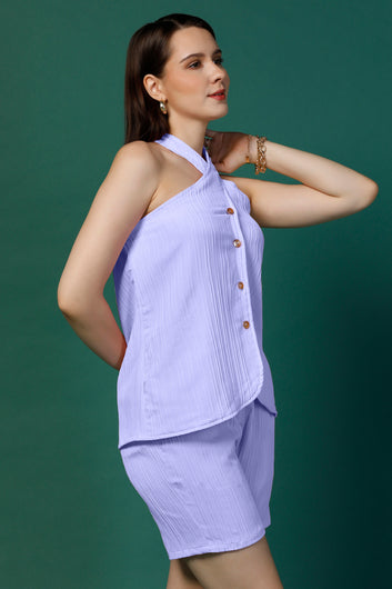 Womens Lavender Cotton Blend Solid Halter Neck Top With Shorts Set