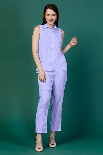 Womens Lavender Cotton Blend Solid Collar Neck Shirt With Trouser Set