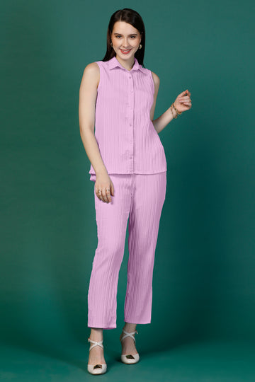 Womens Lilac Cotton Blend Solid Collar Neck Shirt With Trouser Set