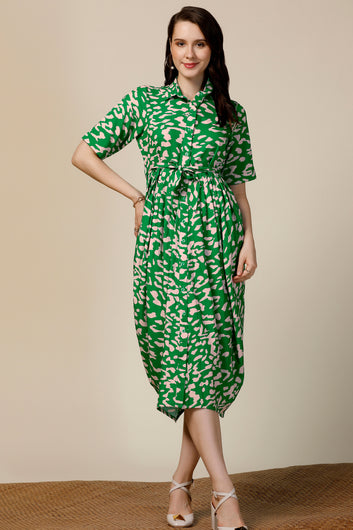 Womens Green Cotton Blend Abstract Printed Calf Length Western Dress