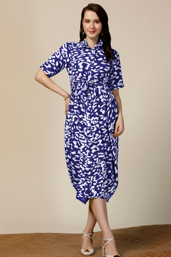 Womens Navy Blue Cotton Blend Abstract Printed Calf Length Western Dress