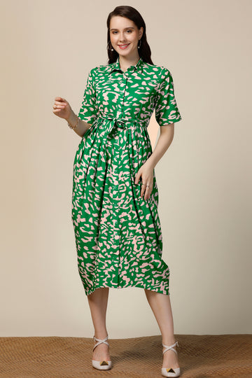 Womens Green Cotton Blend Abstract Printed Calf Length Western Dress