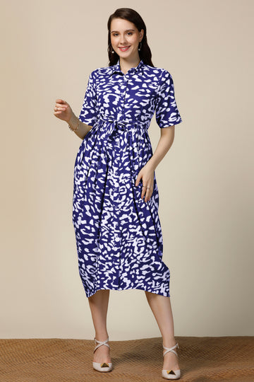 Womens Navy Blue Cotton Blend Abstract Printed Calf Length Western Dress