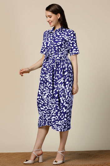 Womens Navy Blue Cotton Blend Abstract Printed Calf Length Western Dress