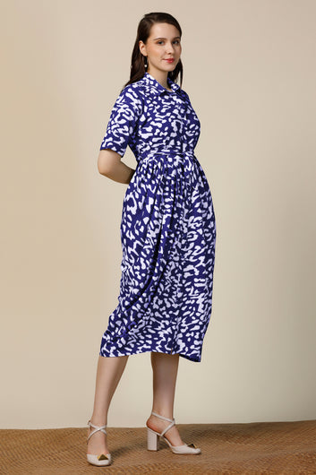 Womens Navy Blue Cotton Blend Abstract Printed Calf Length Western Dress