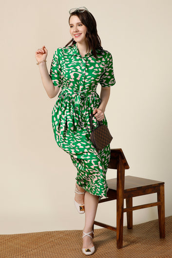 Womens Green Cotton Blend Abstract Printed Calf Length Western Dress