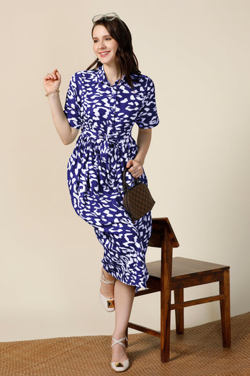 Womens Navy Blue Cotton Blend Abstract Printed Calf Length Western Dress