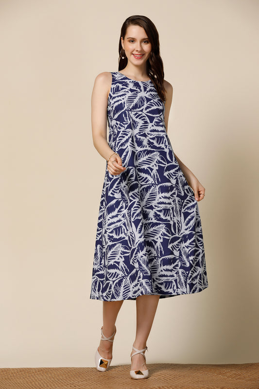 Womens Navy Blue Delta Leaf Printed Calf Length Western Dress