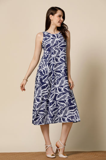 Womens Navy Blue Delta Leaf Printed Calf Length Western Dress