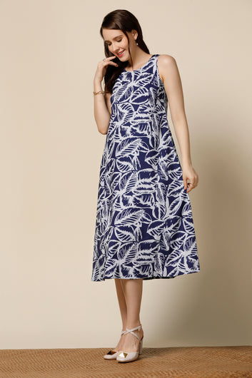 Womens Navy Blue Delta Leaf Printed Calf Length Western Dress