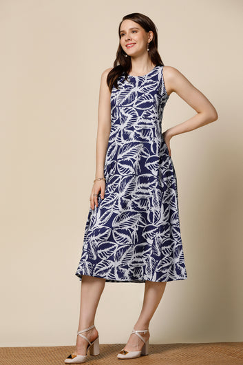 Womens Navy Blue Delta Leaf Printed Calf Length Western Dress