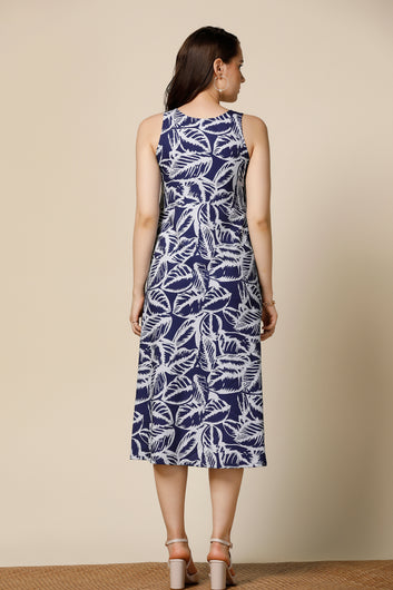 Womens Navy Blue Delta Leaf Printed Calf Length Western Dress