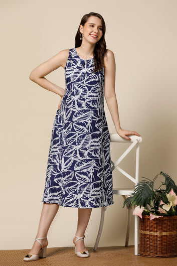 Womens Navy Blue Delta Leaf Printed Calf Length Western Dress