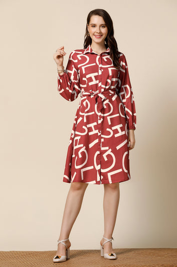 Womens Maroon Cotton Blend Abstract Printed Knee Length Dress