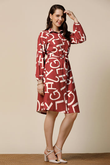 Womens Maroon Cotton Blend Abstract Printed Knee Length Dress