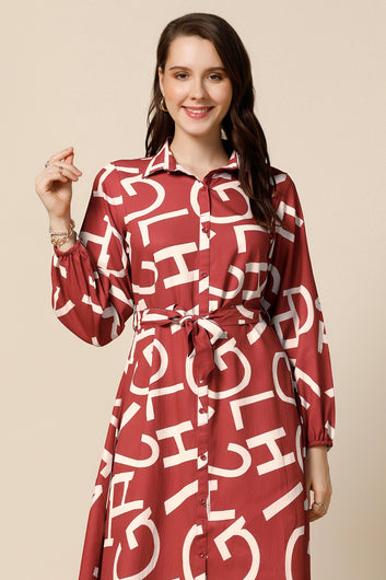 Womens Maroon Cotton Blend Abstract Printed Knee Length Dress