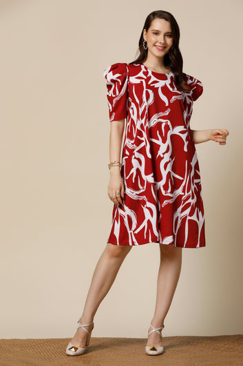 Womens Maroon Delta Abstract Printed Knee Length Western Dress