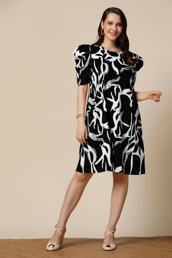 Womens Black Delta Abstract Printed Knee Length Western Dress