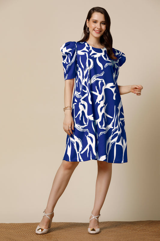 Womens Blue Delta Abstract Printed Knee Length Western Dress