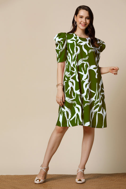 Womens Green Delta Abstract Printed Knee Length Western Dress