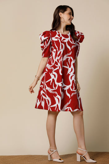 Womens Maroon Delta Abstract Printed Knee Length Western Dress