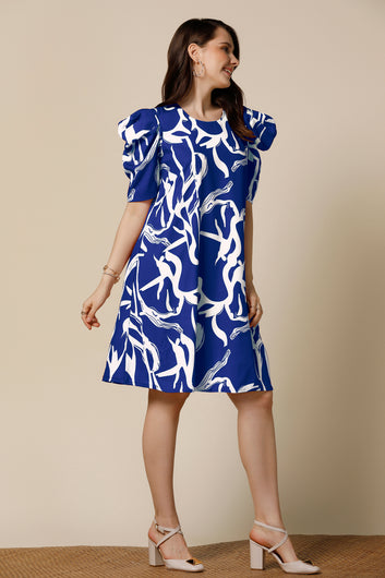 Womens Blue Delta Abstract Printed Knee Length Western Dress