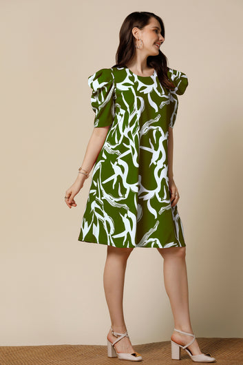 Womens Green Delta Abstract Printed Knee Length Western Dress