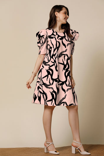 Womens Peach Delta Abstract Printed Knee Length Western Dress