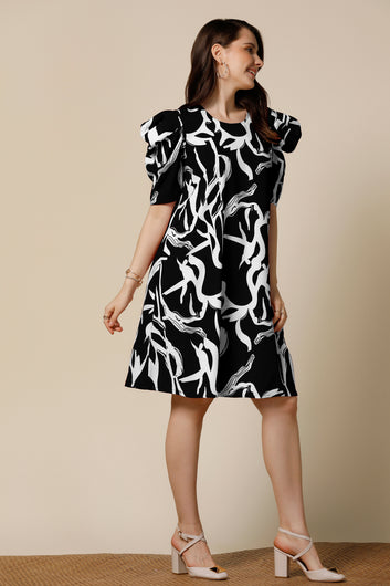 Womens Black Delta Abstract Printed Knee Length Western Dress