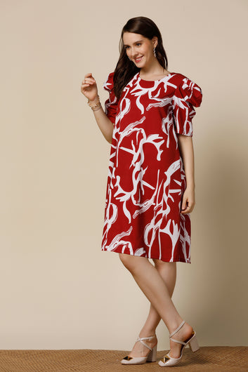 Womens Maroon Delta Abstract Printed Knee Length Western Dress