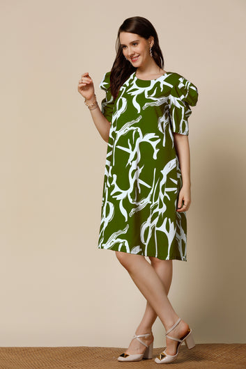 Womens Green Delta Abstract Printed Knee Length Western Dress