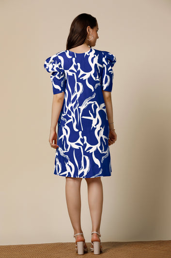 Womens Blue Delta Abstract Printed Knee Length Western Dress