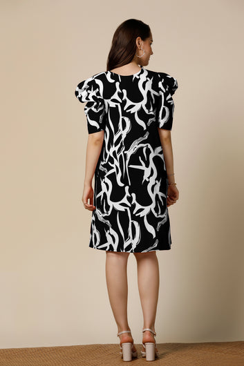 Womens Black Delta Abstract Printed Knee Length Western Dress